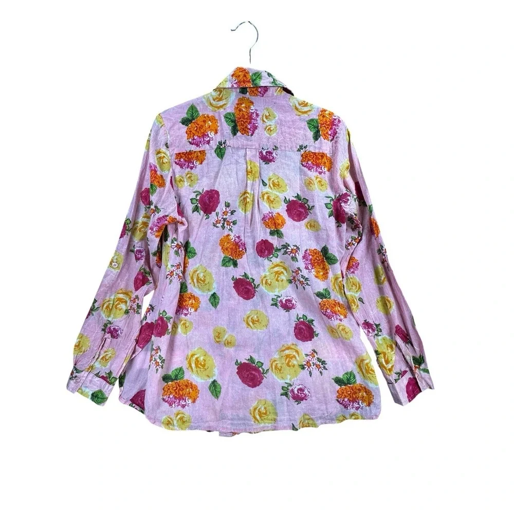 Vintage Goa Floral Button Up Shirt Medium Pink Boho Cottagecore Cotton Top - Picture 3 of 16